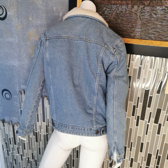 Topshop Moto Trucker Denim Jacket Sherpa Lined Size 6 Women’s Light Blue Coat - Picture 2 of 9